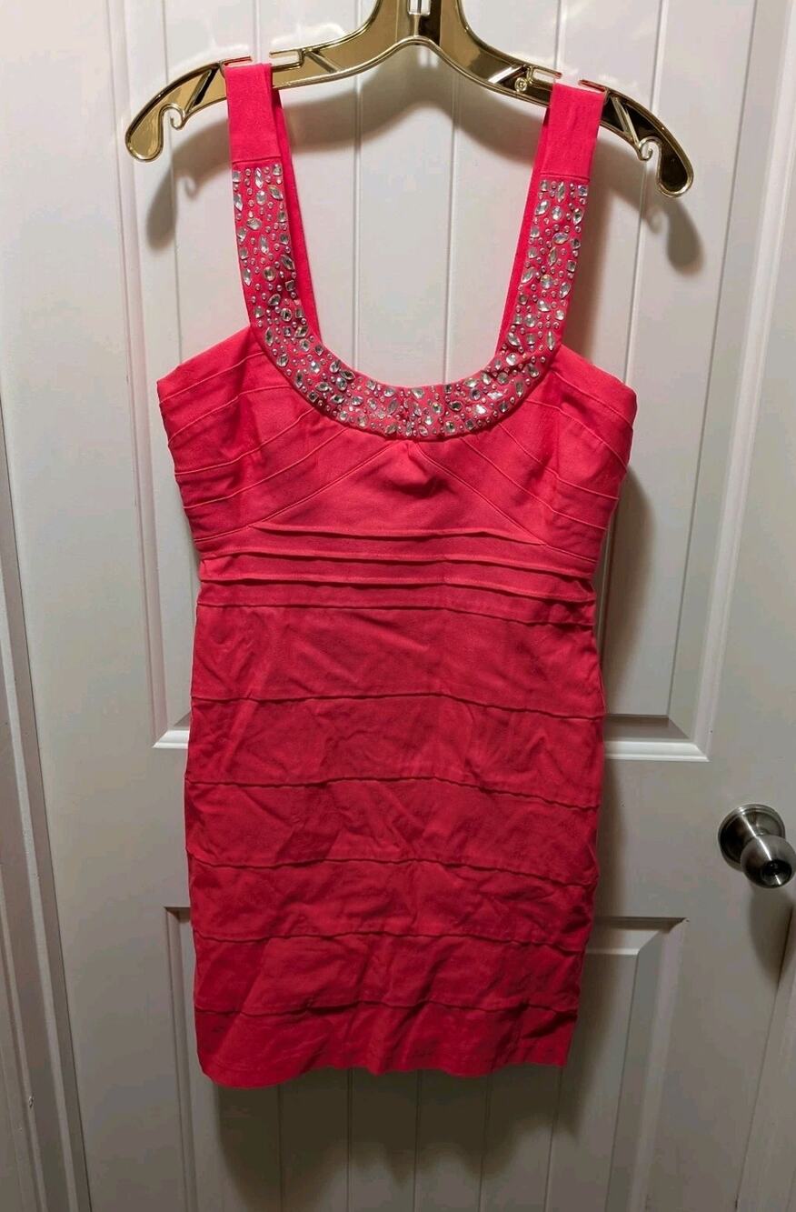 Pompous Girly Hot Pink Neon Mini Dress Rhinestones Prom Hoco Cocktail Size 11